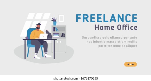 Web landing page template for freelance, work at home, online jobs and home office. Vector illustration on the grey background of young man sitting at desk with laptop.