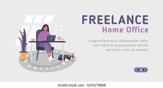 Web landing page template for freelance, work at home, online jobs and home office. Vector illustration on the grey background of young woman sitting at desk with laptop.