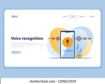 Web landing page template. Microphone button with sound imitation line on the phone. Personal assistant and voice recognition. Modern technologies. Flat vector illustration