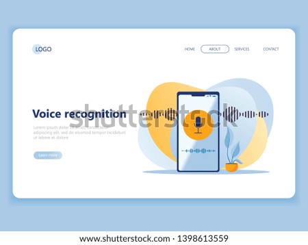 Web landing page template. Microphone button with sound imitation line on the phone. Personal assistant and voice recognition. Modern technologies. Flat vector illustration