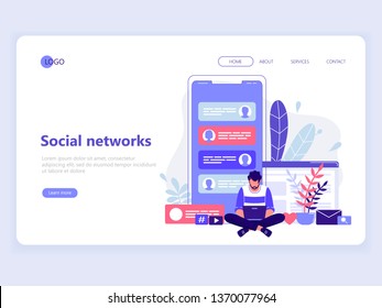 Web landing page template. Social, networks, media, online marketing, communication, chatting via internet. Flat concept vector illustration