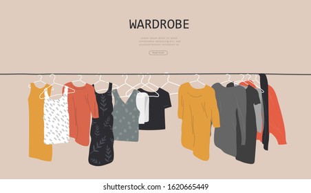 Web landing page template with wardrobe stuff. Closet wardrobe furniture inside. Various trendy clother. Hand drawn isolated elements. Cartoon vector illustration