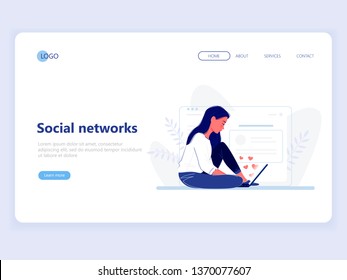 Web landing page template. Woman sitting with laptop near big computer screen. Hearts fly out of the screen. Surfing the internet, social networks. Flat vector illustration