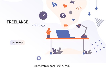 Web landing page template of working in office, co-working space. Freelance, remotely worker, self-employment, online study, online career on computer or laptop at home. Vector digital marketing.