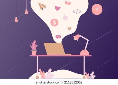 Web landing page template of working in office, co-working space. Freelance, remotely worker, self-employment, online study, online career on computer or laptop at home. Vector digital marketing.	
