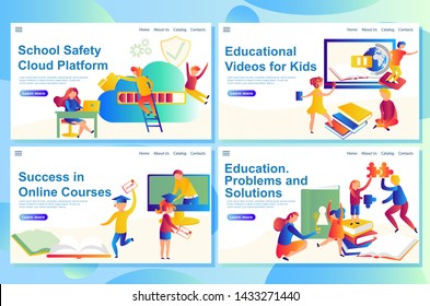 Web landing page templates of education, refers to digital learning process, which shows children interested in watching educational video and studying from it.