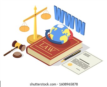 Web law vector concept illustration. Legal symbols Law book with earth globus, scales of justice, judge gavel, agreement. Isometric composition for web banner, website page, etc.