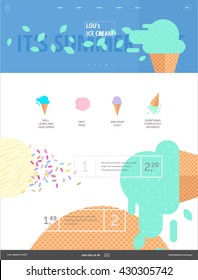 Diseño web compuesto por banner web con ilustración de dibujos animados de helados planos, cabecera, menú, iconos, cucharas de helados en el fondo.