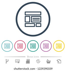 Web layout flat color icons in round outlines. 6 bonus icons included.