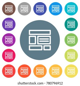 Web layout flat white icons on round color backgrounds. 17 background color variations are included.