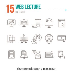 Web lecture line icon set. Computer, e-book, tutorial. Webinar concept. Can be used for topics like distant education, college, knowledge