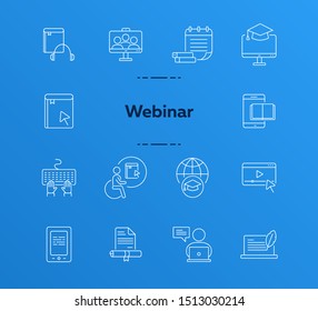 Web lecture line icon set. Computer, e-book, tutorial. Webinar concept. Can be used for topics like distant education, college, knowledge