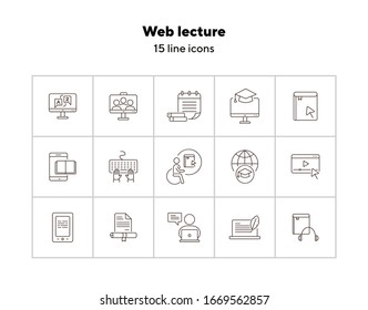 Web lecture line icon set. Computer, e-book, tutorial. Webinar concept. Can be used for topics like distant education, college, knowledge