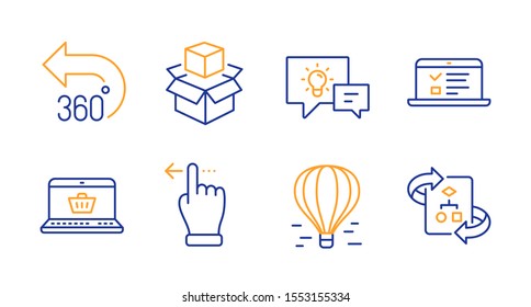 Web lectures, Air balloon and Idea lamp line icons set. Online shopping, 360 degrees and Packing boxes signs. Touchscreen gesture, Technical algorithm symbols. Online test, Flight travel. Vector