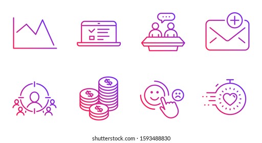 Web lectures, Customer satisfaction and Line chart line icons set. New mail, Business targeting and Coins signs. Employees talk, Timer symbols. Online test, Happy smile. Business set. Vector