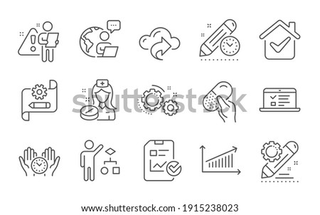 Web lectures, Gears and Capsule pill line icons set. Cloud share, Algorithm and Safe time signs. Project deadline, Nurse and Report checklist symbols. Line icons set. Vector