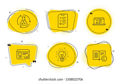 Web lectures, Idea and Copyright signs. Chat bubbles. Interview, Web report and Chemistry experiment line icons set. Checklist file, Graph chart, Laboratory flask. Online test. Science set. Vector