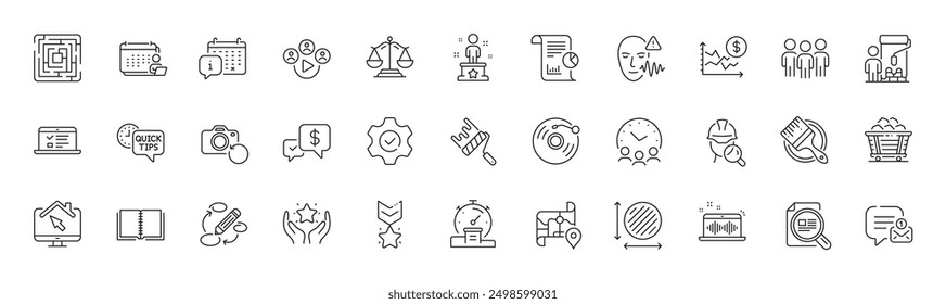 Web lectures, Paint roller and Report line icons. Pack of Brush, Book, Circle area icon. Timer, Payment received, Video conference pictogram. Voice wave, Map, Work home. New message. Vector