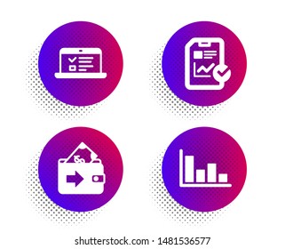 Web lectures, Report checklist and Wallet icons simple set. Halftone dots button. Histogram sign. Online test, Sales growth file, Money payment. Economic trend. Education set. Vector