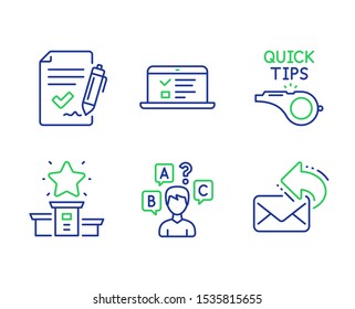 Web lectures, Winner podium and Quiz test line icons set. Approved agreement, Tutorials and Share mail signs. Online test, First place, Interview. Signature document. Education set. Vector