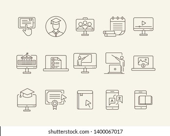 Web lesson line icon set. Computer, smartphone, online platform. E-learning concept. Can be used for topics like education, degree, class