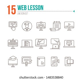 Web lesson line icon set. Computer, smartphone, online platform. E-learning concept. Can be used for topics like education, degree, class