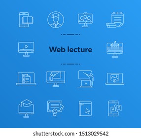 Web lesson line icon set. Computer, smartphone, online platform. E-learning concept. Can be used for topics like education, degree, class
