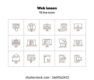 Web lesson line icon set. Computer, smartphone, online platform. E-learning concept. Can be used for topics like education, degree, class