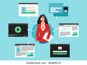 Web Life of Businesswoman from video, blog, social networks, online shopping and email. Graphic user interface and pages forms and elements. Vector