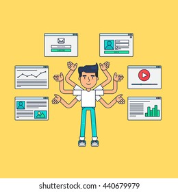Web Life of Developer, Programmer, System Administrator or Designer from video, blog, social networks, online shopping and email. Graphic user interface and web pages forms and elements. Vector