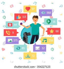 Web Life of Man with Pet from blog and social networks, online shopping and email, files of video, images and photos. You can change figures in bubbles - count of views, likes and reposts. Vector