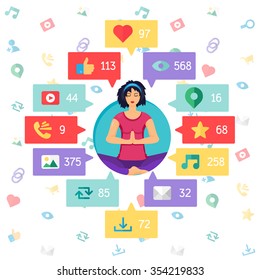 Web Life of Relaxing Woman from blog and social networks, online shopping and email, files of video, images and photos. You can change figures in bubbles - count of views, likes and reposts. Vector