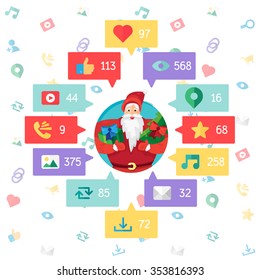 Web Life of Santa Claus from blog and social networks, online shopping and email, files of video, images and photos. Symbols of page views, likes and reposts. Vector