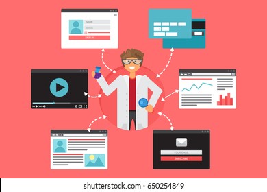 Web Life of Scientist with bulb and magnifier from video, blog, social networks, online shopping and email. Graphic user interface and web pages forms and elements. Vector