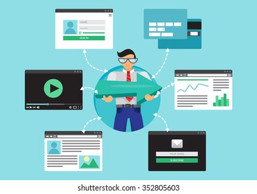 Web Life of Worker Man from video, blog, social networks, online shopping and email. Graphic user interface and pages forms and elements. Vector