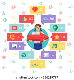 Web Life of Worker Woman from blog and social networks, online shopping and email, files of video, images and photos. You can change figures in bubbles - count of views, likes and reposts. Vector