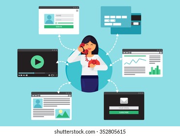 Web Life of Worker Woman with Telephone from video, blog, social networks, online shopping and email. Graphic user interface and pages forms and elements. Vector