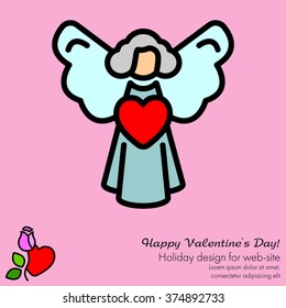 Web line icon. Angel with heart, Valentine's Day.