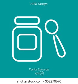 Web line icon. Baby food (jar, spoon and puree)