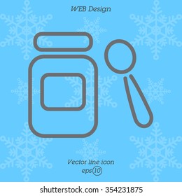 Web line icon. Baby food (jar, spoon and puree)