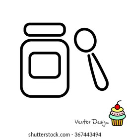 Web line icon. Baby food (jar, spoon and puree)