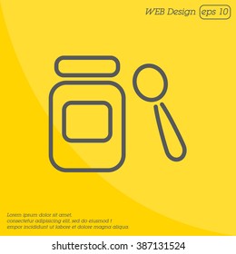 Web line icon. Baby food (jar, spoon and puree)