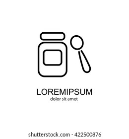 Web line icon. Baby food (jar, spoon and puree)