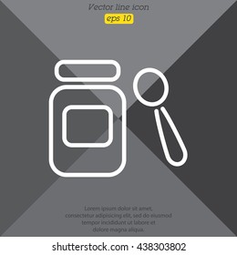 Web line icon. Baby food (jar, spoon and puree)