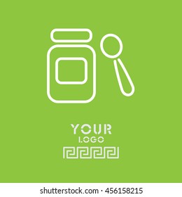 Web line icon. Baby food (jar, spoon and puree)