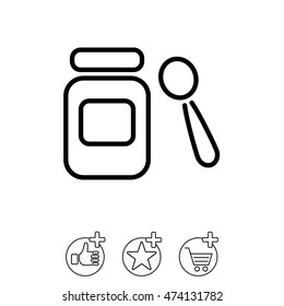 Web line icon. Baby food (jar, spoon and puree)