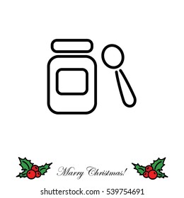 Web line icon. Baby food (jar, spoon and puree)