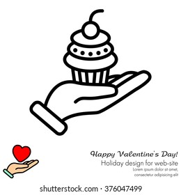 Web line icon. Cake (dessert) in hand