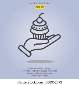 Web line icon. Cake (dessert) in hand