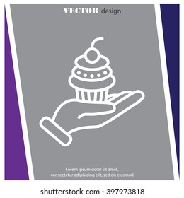 Web line icon. Cake (dessert) in hand
